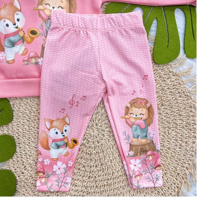 Conj. Casaco de Moletom Leoa com Raposinha e Calça Legging - Rosa